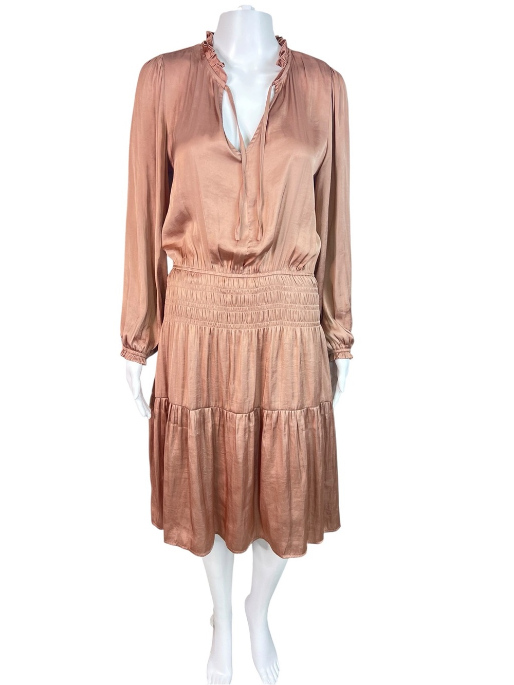 Grade and Gather Satin Ruffle-Neck Midi Dress Mauve Whimsical‎